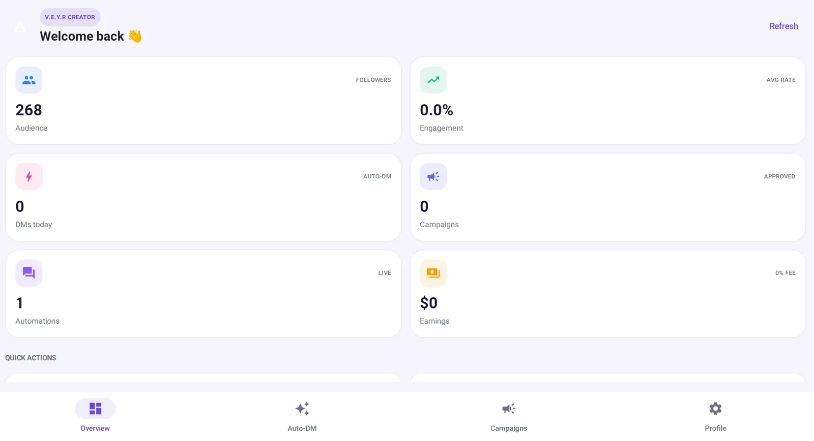 Insights and account health on the V.E.Y.R Creator mobile app