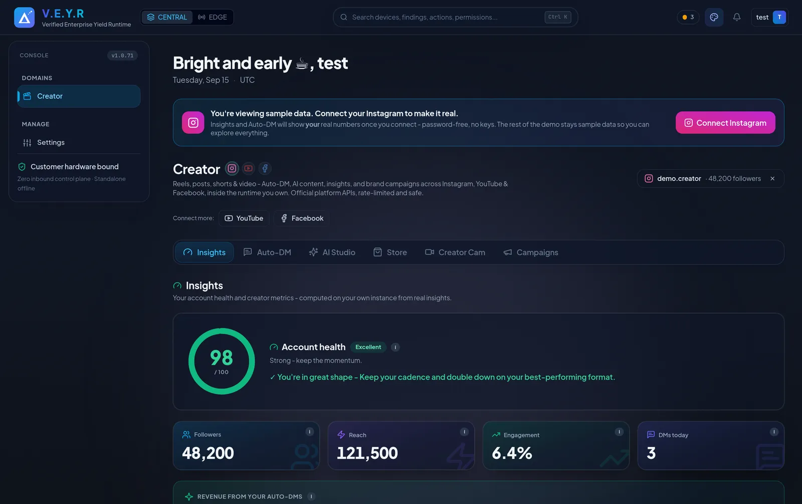 V.E.Y.R Creator overview - your numbers on your own instance